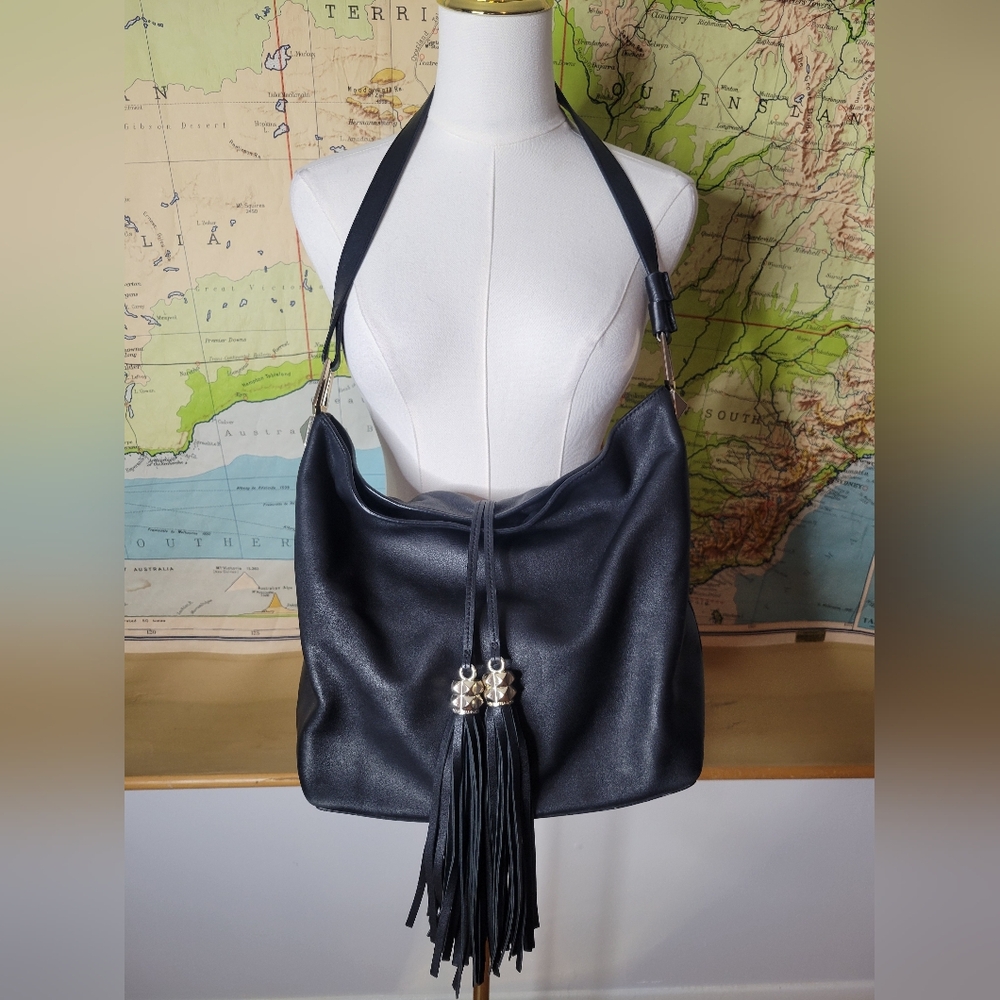 Karl Lagerfeld Paris Devon Hobo Bag Black With Tassels & Gold Hardware Purse